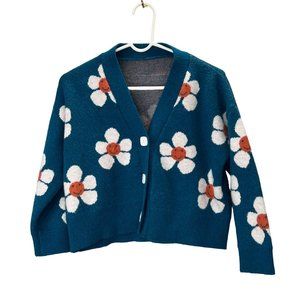 Chunky Cardigan Daisy Sweater Cropped size S Blue White Button Front Crop Floral